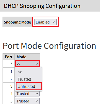 Image showing a DHCP Snooping Configuration interface with options for setting Port Mode to Trusted, Untrusted, and Semi-Trusted.