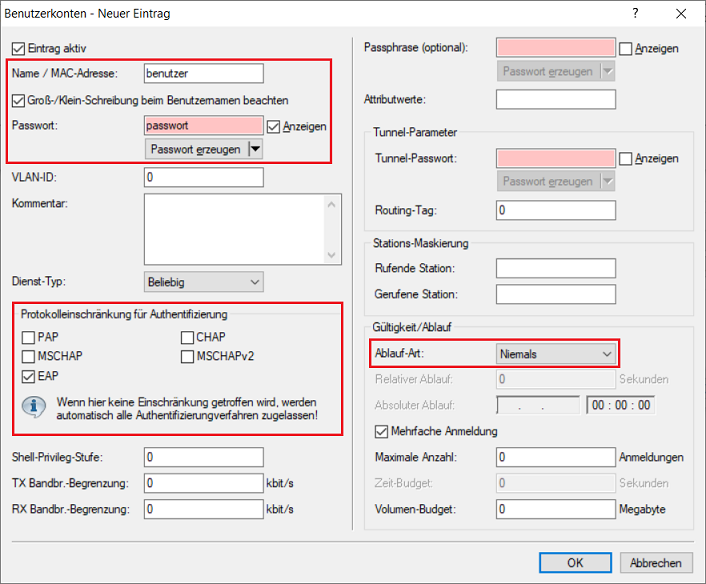 Dialog zur Konfiguration eines RADIUS-Benutzerkontos