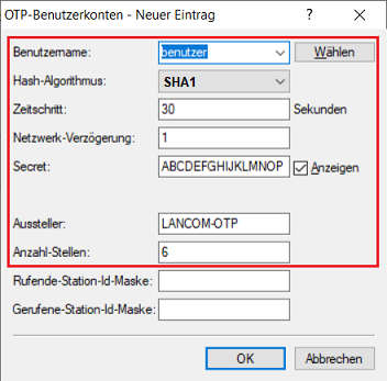 Anpassung der Parameter für OTP-Benutzerdaten