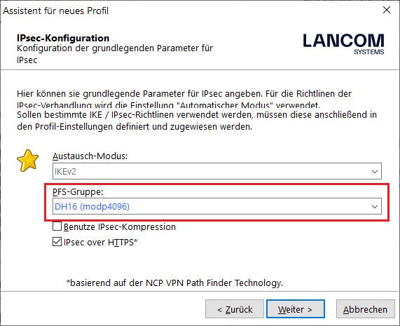 Auswahl von Austausch-Modus und PFS-Gruppe im Profil-Assistent