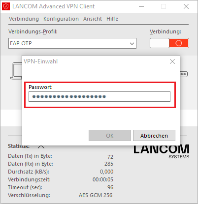 Eingabe des Passwortes und OTP-Token beim Aufbau der VPN-Verbindung