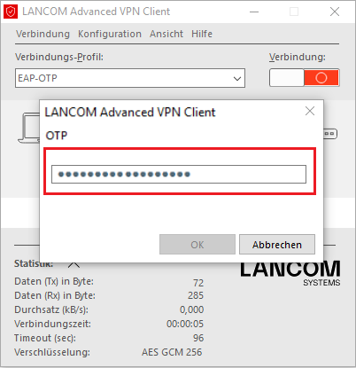 Eingabe des OTP-Token beim Aufbau der VPN-Verbindung