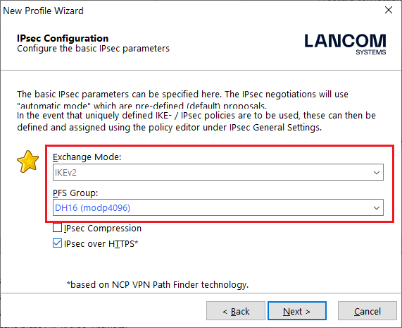 Selection of exchange mode and PFS group in the profile wizard