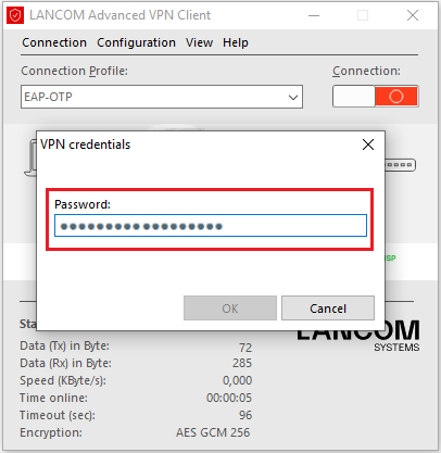 Enter the password and OTP token to establish the vpn connection