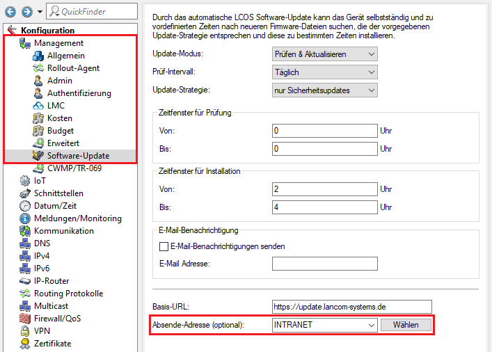 Konfiguration Software Update Absende Adresse