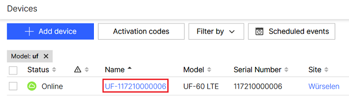 Click on the name of the Unified Firewall to gain access to the device settings