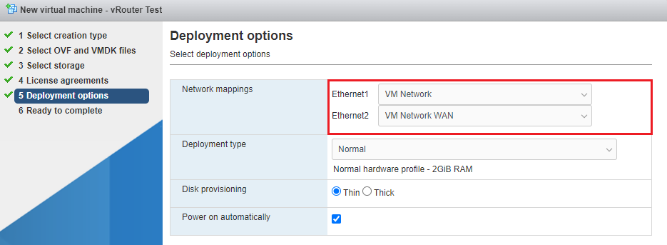 Screenshot of a virtual machine setup interface showing options for creation type, deployment, file selection, storage, licensing, network configuration, hardware profile, disk provisioning, and an automatic power-on feature.