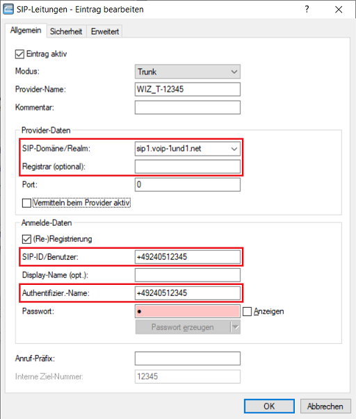 Bildschirmfoto eines technischen Konfigurationsmenüs mit verschiedenen Abschnitten wie Allgemein, Sicherheit, Erweitert, und Feldern für Eintragbearbeitung, Modus, Kommentar, ProviderDaten und AnmeldeDaten.