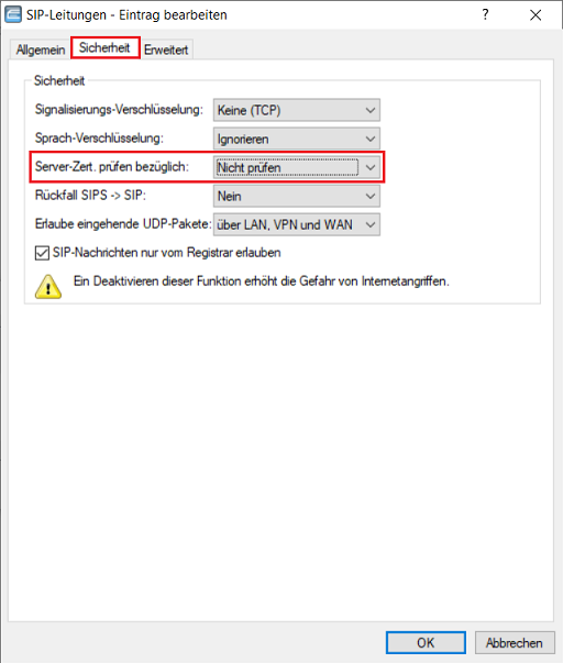 Screenshot einer technischen Benutzeroberfläche zur Konfiguration von Sicherheitseinstellungen, einschließlich Optionen zur Signalisierungsverschlüsselung, Sprachverschlüsselung und Netzwerkeinstellungen für UDP-Pakete.