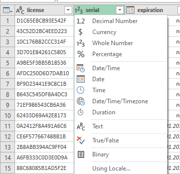 A screenshot displaying a complex user interface or configuration menu with various options including DecimalNumber, Currency, WholeNumber, Percentage, DatesTime, and more, presented in a technical or coding format.
