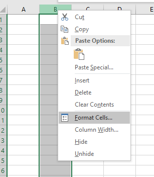 Image displaying a snippet of a software interface with options including Paste Special, Insert, Delete, Clear Contents, Column Width, and Hide.