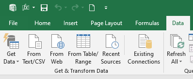 Screenshot of a data management software interface showing options to import and refresh data from various sources such as text, CSV, and web.
