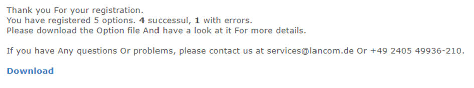The image displays a confirmation message for successful registration with an option to download a related file and contact information for further assistance.