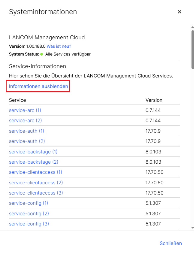 Liste der Micro-Services in den Systeminformationen