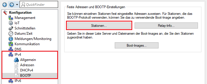 Wechsel in das Menü Stationen in den BOOTP-Einstellungen