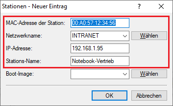 Vergabe der Parameter für eine Station