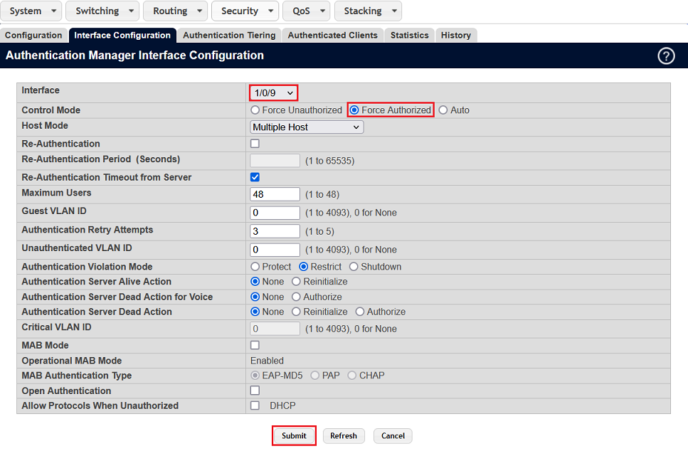 Set Forced Authorized mode for management access to the switch