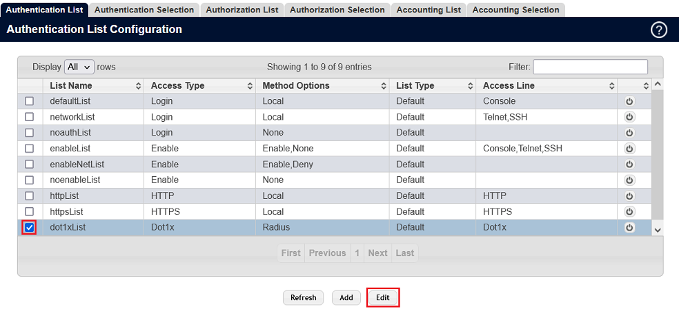 Edit dot1xList in the Authentication List