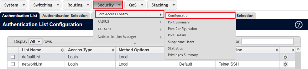 Calling up the Port Access Control Configuration