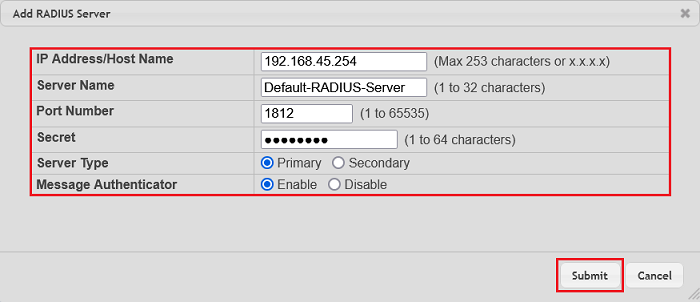 Enter parameters for RADIUS server