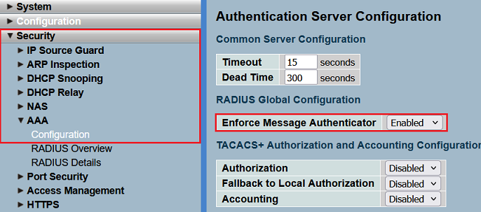 Aktivieren der Option Enforce Message Authenticator in der Authentication Server Configuration