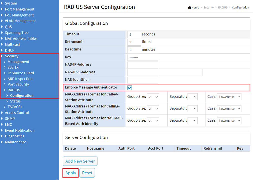 Aktivieren der Option Enforce Message Authenticator in der RADIUS Server Configuration