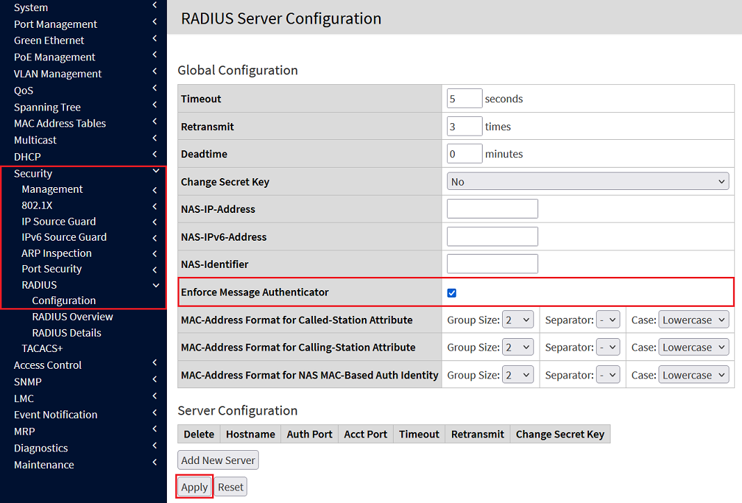 Aktivieren der Option Enforce Message Authenticator in der RADIUS Server Configuration