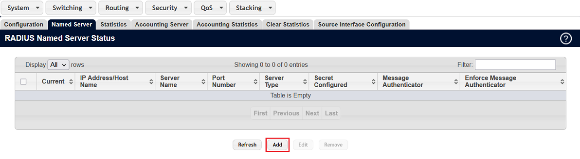 Hinzufügen eines Eintrags für einen externen RADIUS-Server im Menü RADIUS Named Server Status