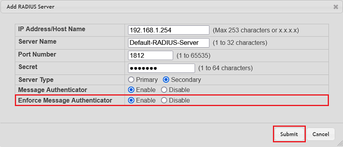 RADIUS-Parameter eintragen und Option Enforce Message Authenticator aktivieren