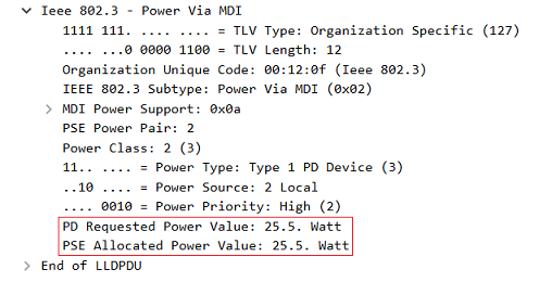 LLDP-Paket in Wireshark - Access Point bestätigt dem Switch den zugewiesenen Wert von 25,5 W nochmal