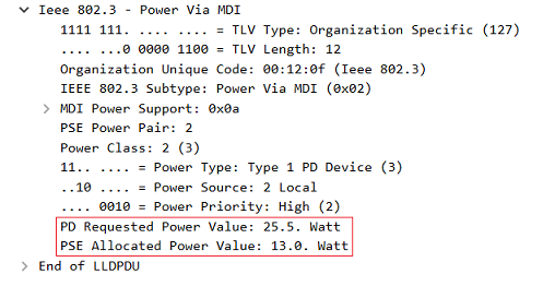 LLDP-Paket in Wireshark - Access Point fordert vom Switch 25,5 W an