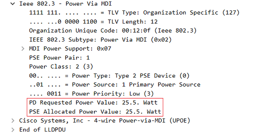 LLDP-Paket in Wireshark - Switch weist dem Access Point die angeforderten 25,5 W zu