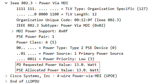 LLDP-Paket in Wireshark - Switch weist dem Access Point initial 13 W zu