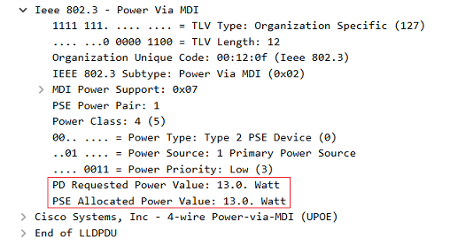 LLDP-Paket in Wireshark - Switch weist dem Access Point initial 13 W zu