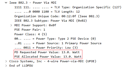 LLDP-Paket in Wireshark - Switch weist dem Access Point weiterhin 13 W zu