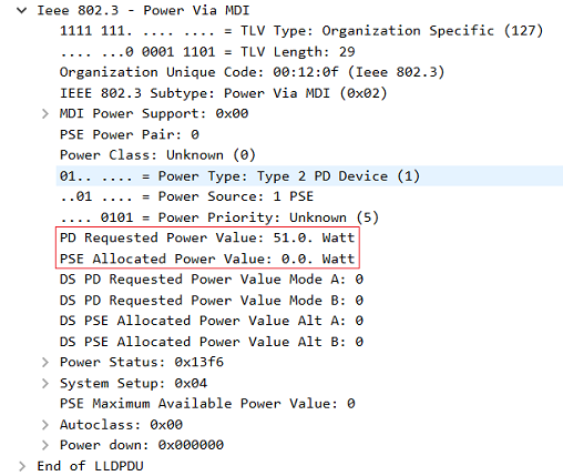 LLDP-Paket in Wireshark - Access Point fordert vom Switch 51 W an