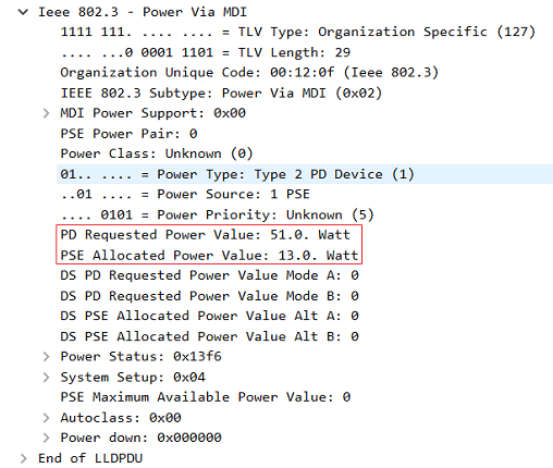 LLDP-Paket in Wireshark - Access Point fordert vom Switch weiterhin 51 W an