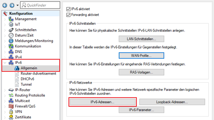 Wechsel in das Menü IPv6-Adressen