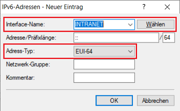 Verwendetes Netzwerk auswählen und Adress-Typ ändern