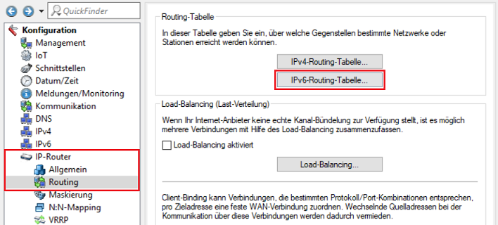 Wechsel in das Menü IPv6-Routing-Tabelle