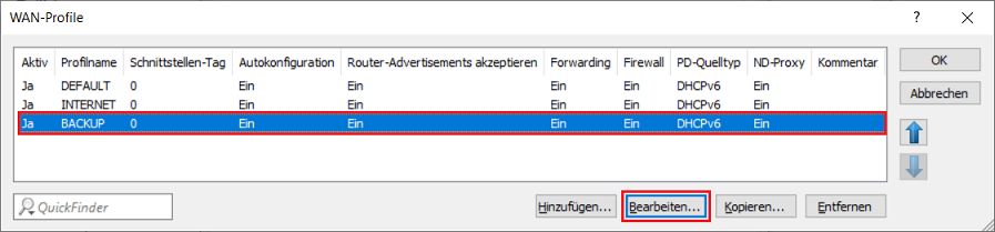 WAN-Profil der Backup-Verbindung bearbeiten