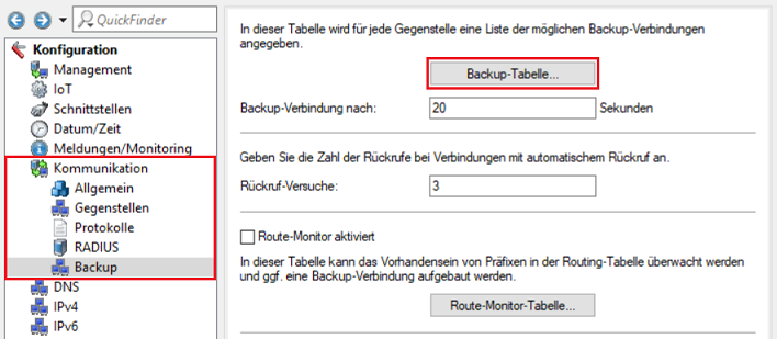 Wechsel in das Menü Backup-Tabelle