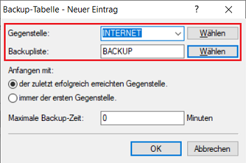 Backup-Verbindung als Backup für die Business-Verbindung eintragen