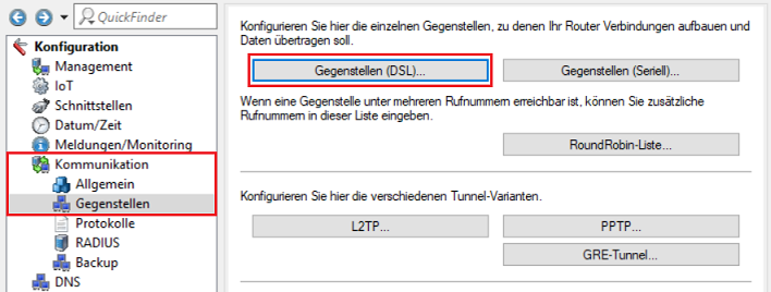 Wechsel in das Menü Gegenstellen (DSL))