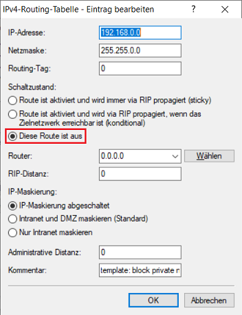 Sicherstellen, dass die Blockroute 192.168.0.0 deaktiviert ist