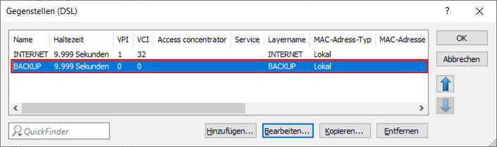 Bearbeiten der Backup-Verbindung