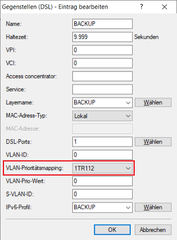 VLAN-Prioritätsmapping für die Backup-Verbindung setzen