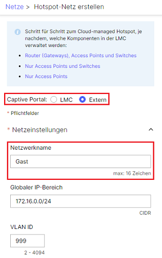 Captive Portal auf Extern setzen und Netzwerknamen angeben