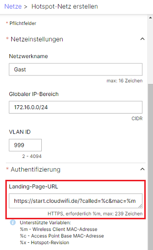 Landing-Page-URL des externen Captive Portals angeben