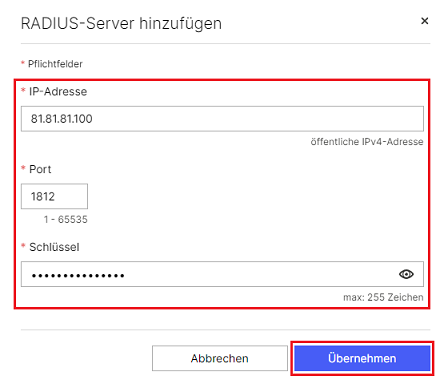 IP-Adresse, Port und Schlüssel des RADIUS-Servers angeben